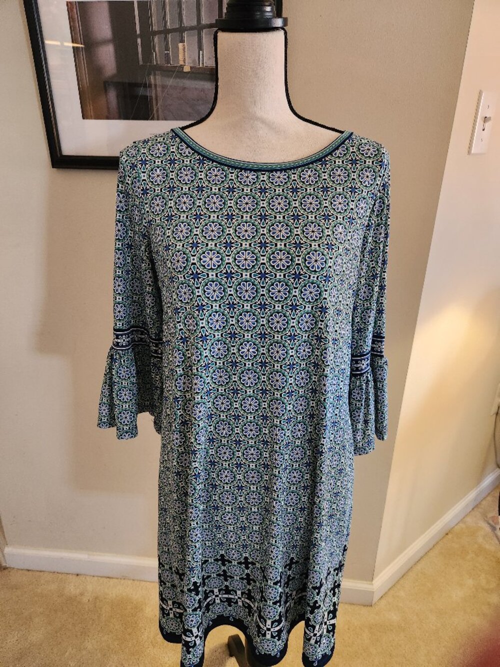 Max Studio Blue Green Geometric Print Dress Bell Sleeve Shift - XS